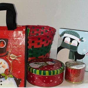 Lot of Christmas Gift/Storage Box, Tin Box, Reusable Tote Bags, Basket & Ribbon